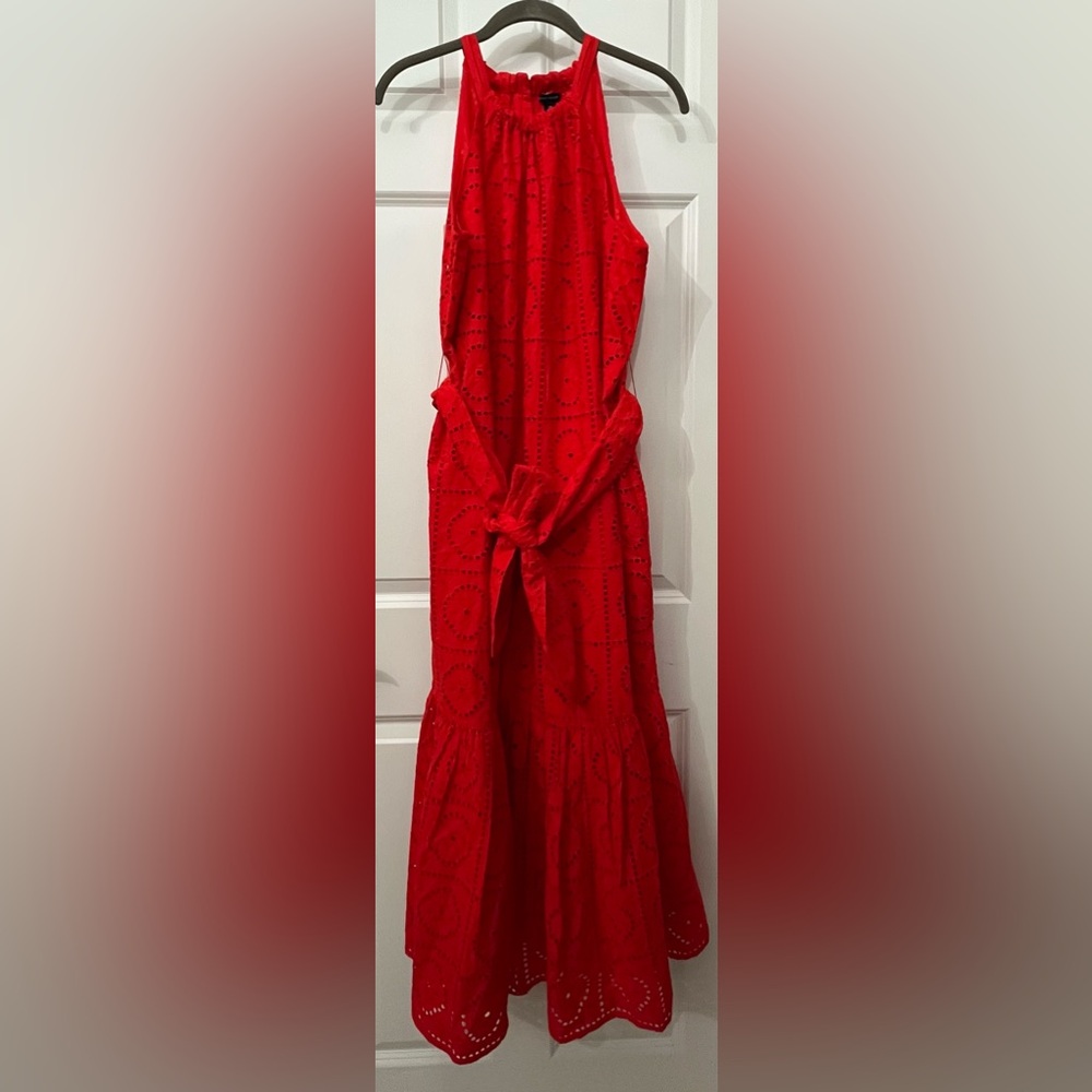 Ann Taylor Petite Eyelet Halter Flare Maxi Dress in Fiery Red, size Large
